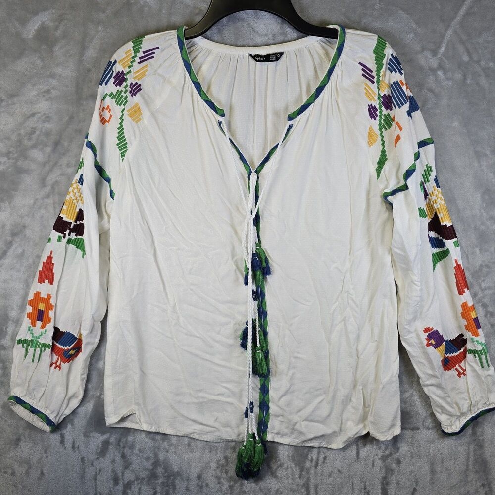 Splash Tunic Shirt Womens 6 White Embroidered Floral Birds Tassels Soft